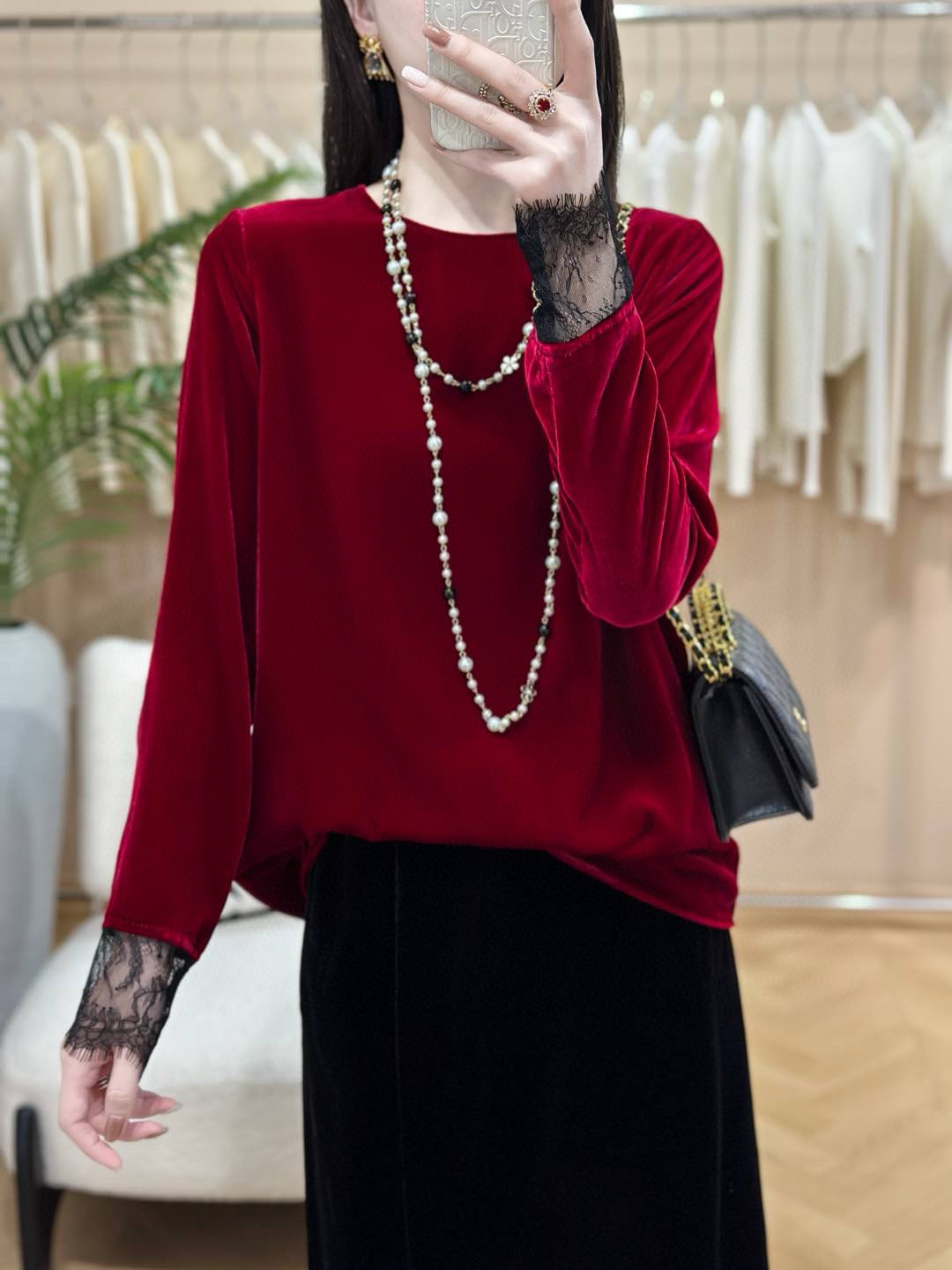 蕾丝气质镂空100%桑蚕丝真丝丝绒上衣显瘦