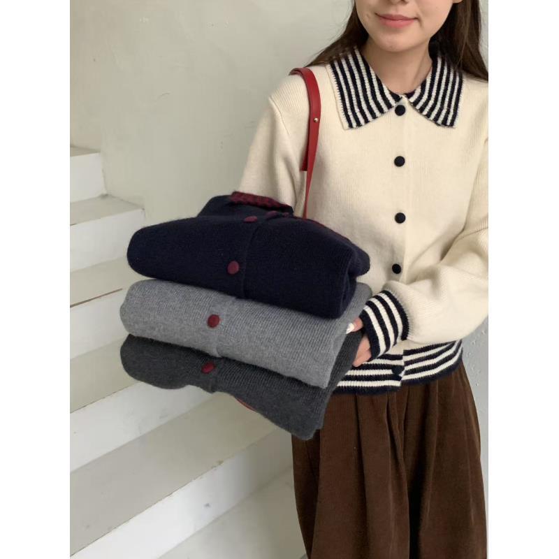 玲姐定制-浅灰色翻领撞色条纹款宽松休闲针织开衫Q69 376933 