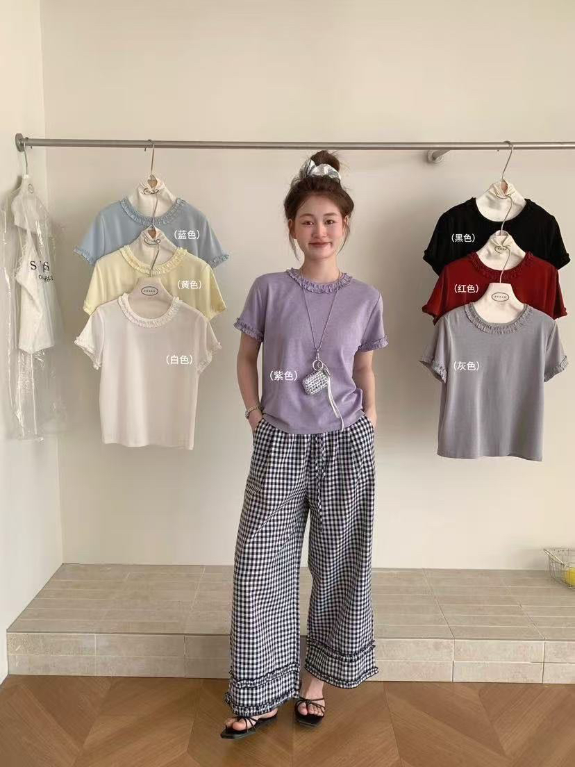 susan@25202 韩系简约花边圆领纯色短袖上衣 7-9