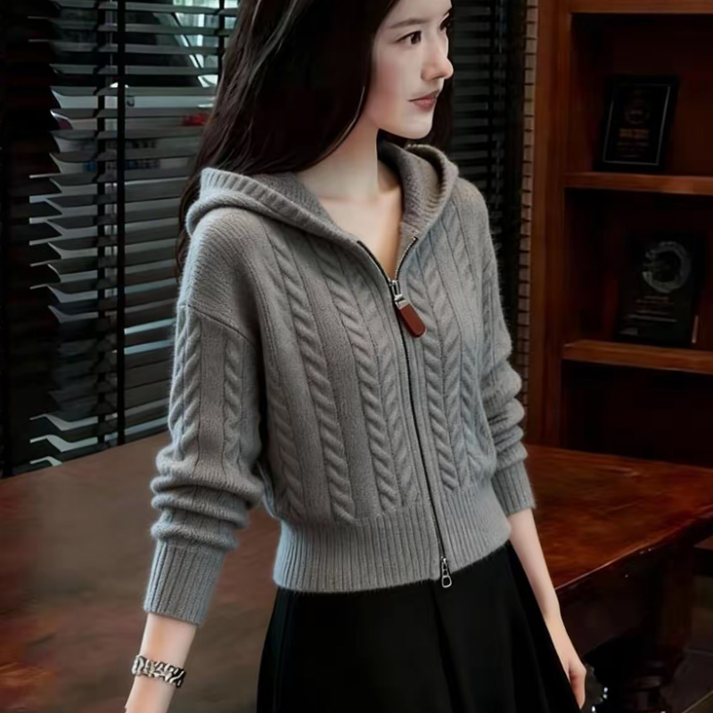 时尚慵懒风针织衫拉链连帽打底毛衣女装2025秋冬新款麻花内搭显瘦