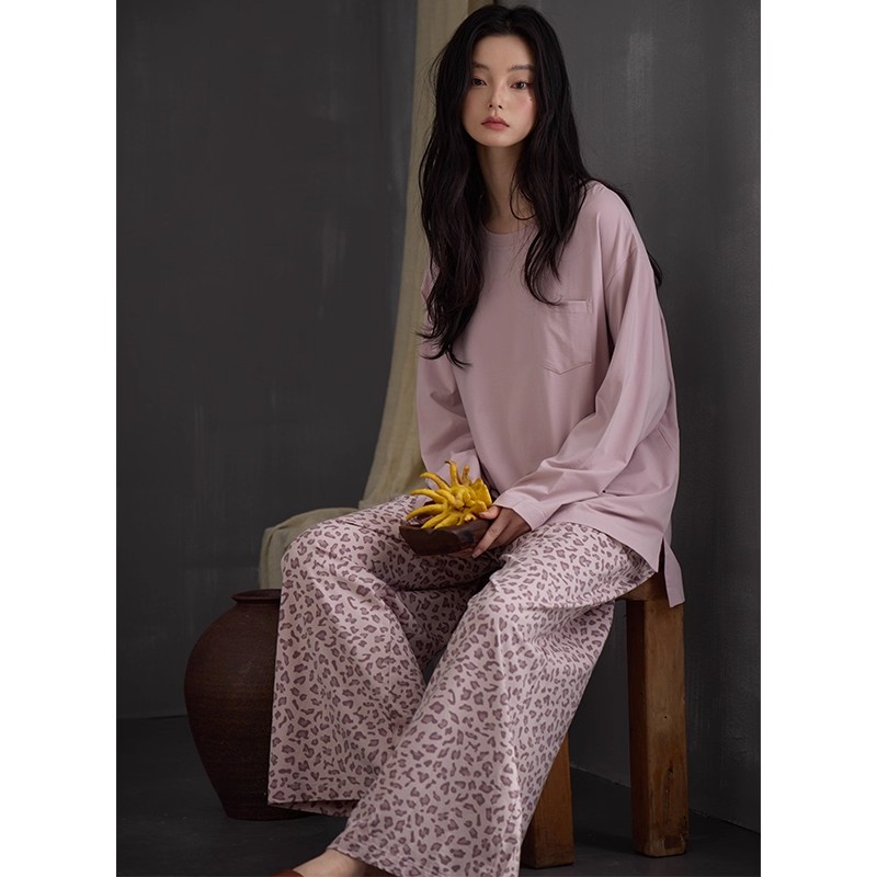女士睡衣春秋季甜美粉色豹纹长袖大码家居服高级感春秋季休闲套装