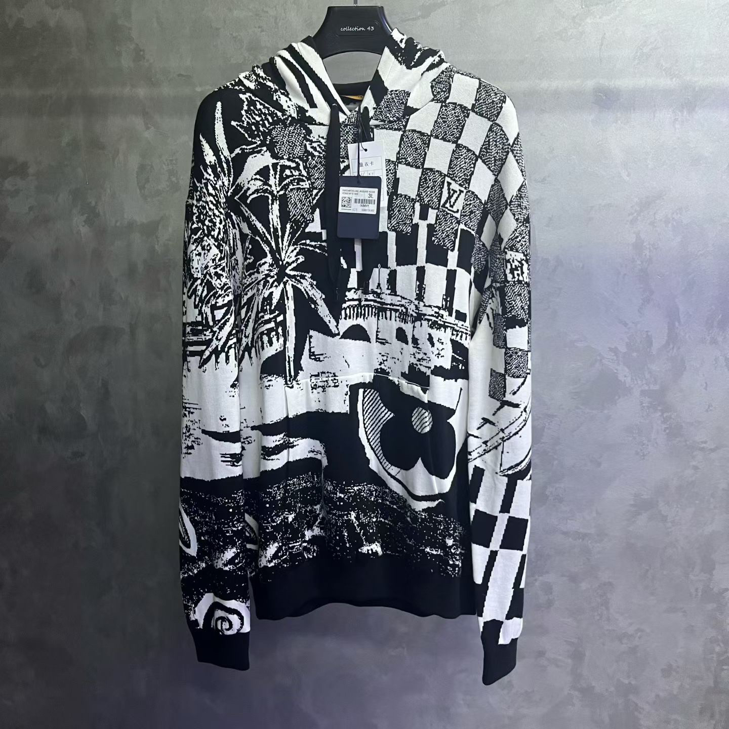 louis vuitton黑色巴黎拼贴图案提花连帽卫衣/Xxl