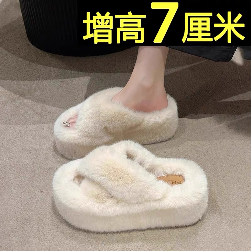 毛毛拖鞋女2025秋季新款外穿平底加绒网红一字交叉金属扣复古棉拖