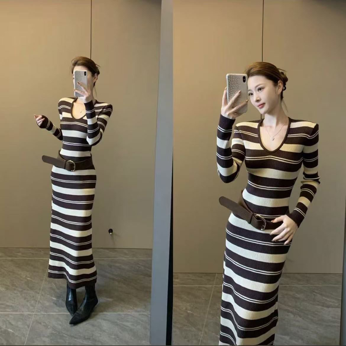 秋冬新款气质条纹撞色连衣裙可外穿可打底修身显瘦针织长裙女