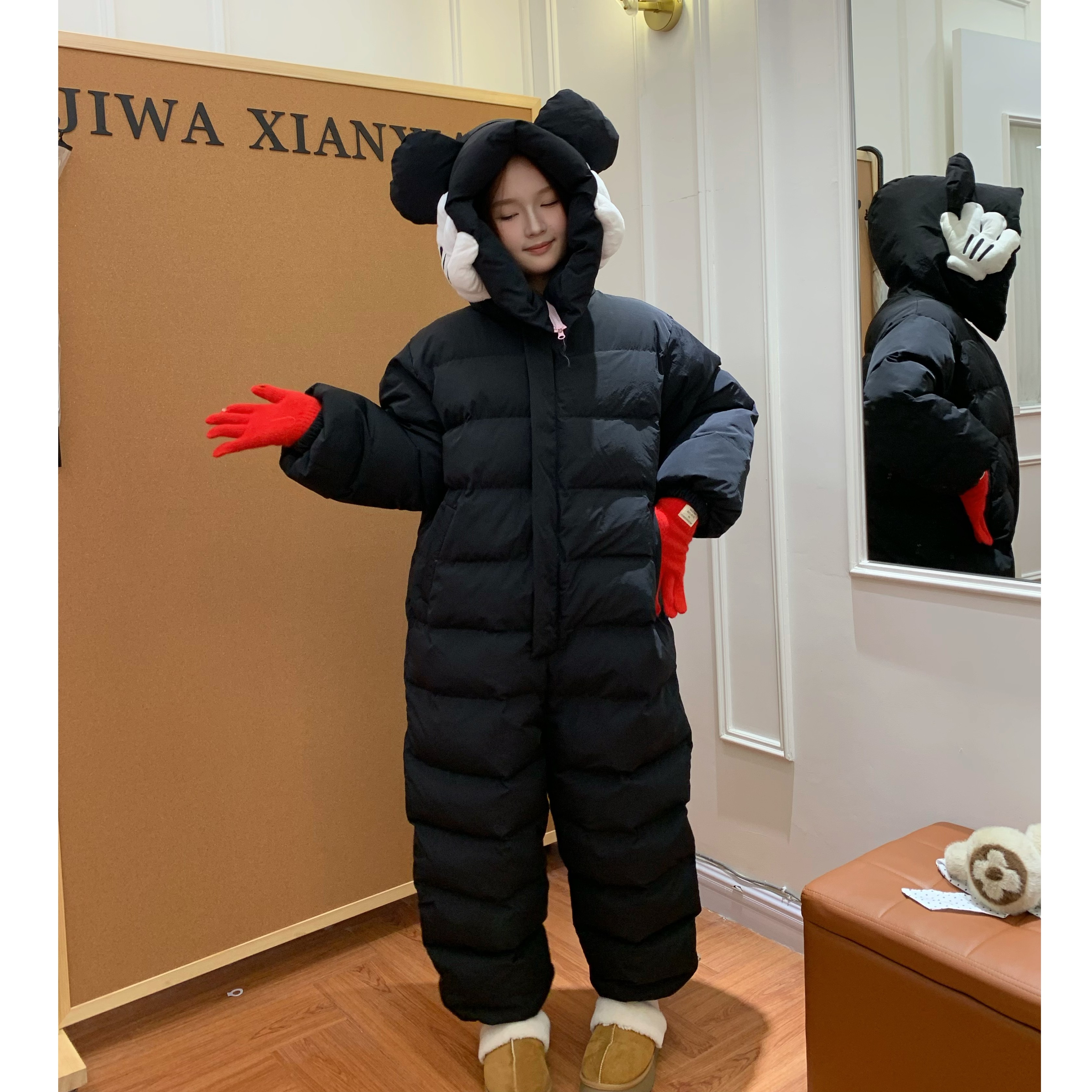 吉娃仙仙-【连体服】大码宽松冬季可爱风连帽防寒小熊连体棉服套装
