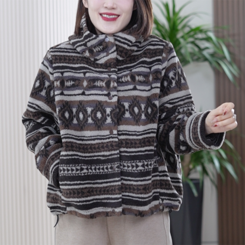 提花羊羔绒连帽短款外套费尔岛羊毛混纺保暖大码百搭女潮69997