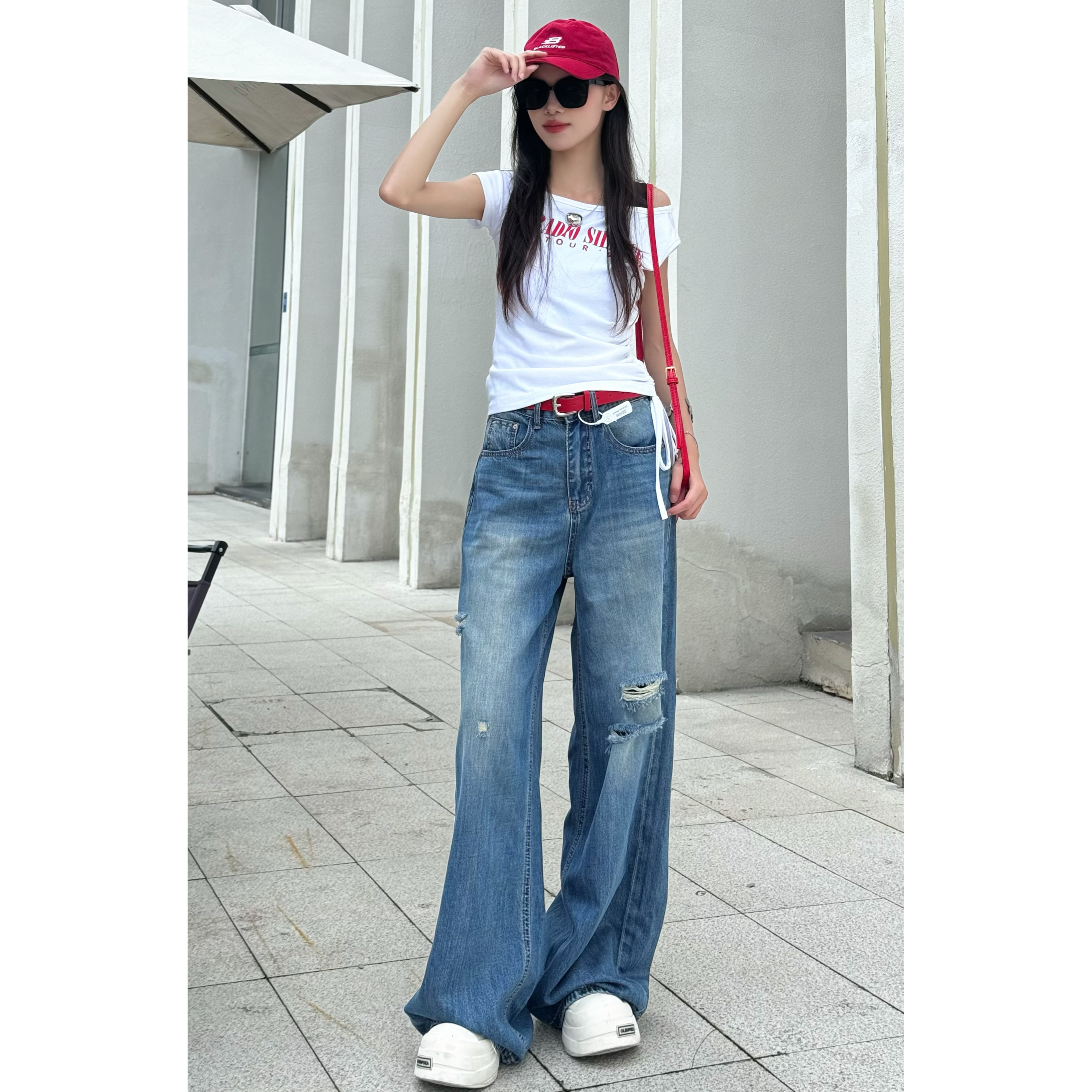 夏季新款美式复古中高腰设计显瘦破洞阔腿牛仔裤女垂感拖地裤