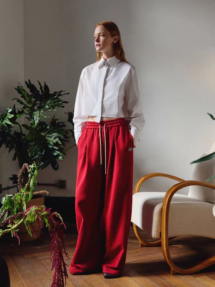 AVVENN2025春季新品福运蛇舒适松紧抽绳前片对褶休闲裤