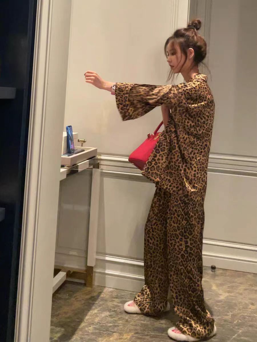 春秋季2025女款大码睡衣宽松冰雪丝豹纹长袖长裤大码睡衣家居服
