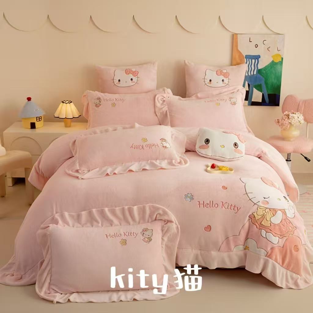 【晴美】全消光高克重牛奶绒贴布绣四件套-Kitty猫