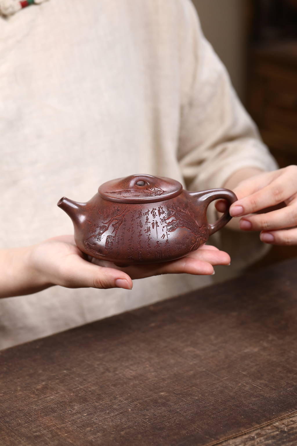宜兴正宗紫砂壶原矿天星泥刻绘松竹石瓢壶家用大容量茶壶茶具礼品