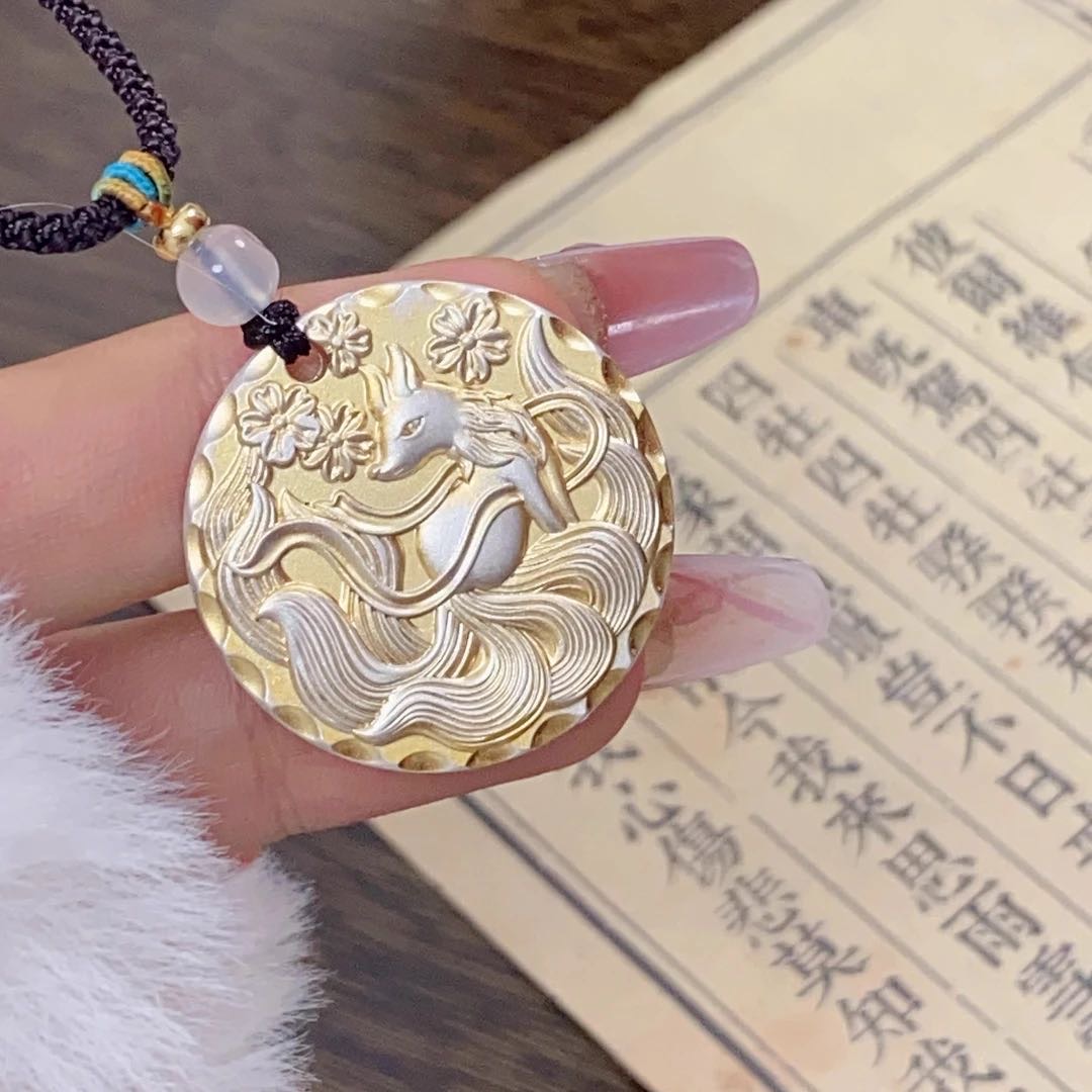 吊坠足银 S77足银9999纯银灵狐桃花平安牌项链男女轻奢新中式礼物