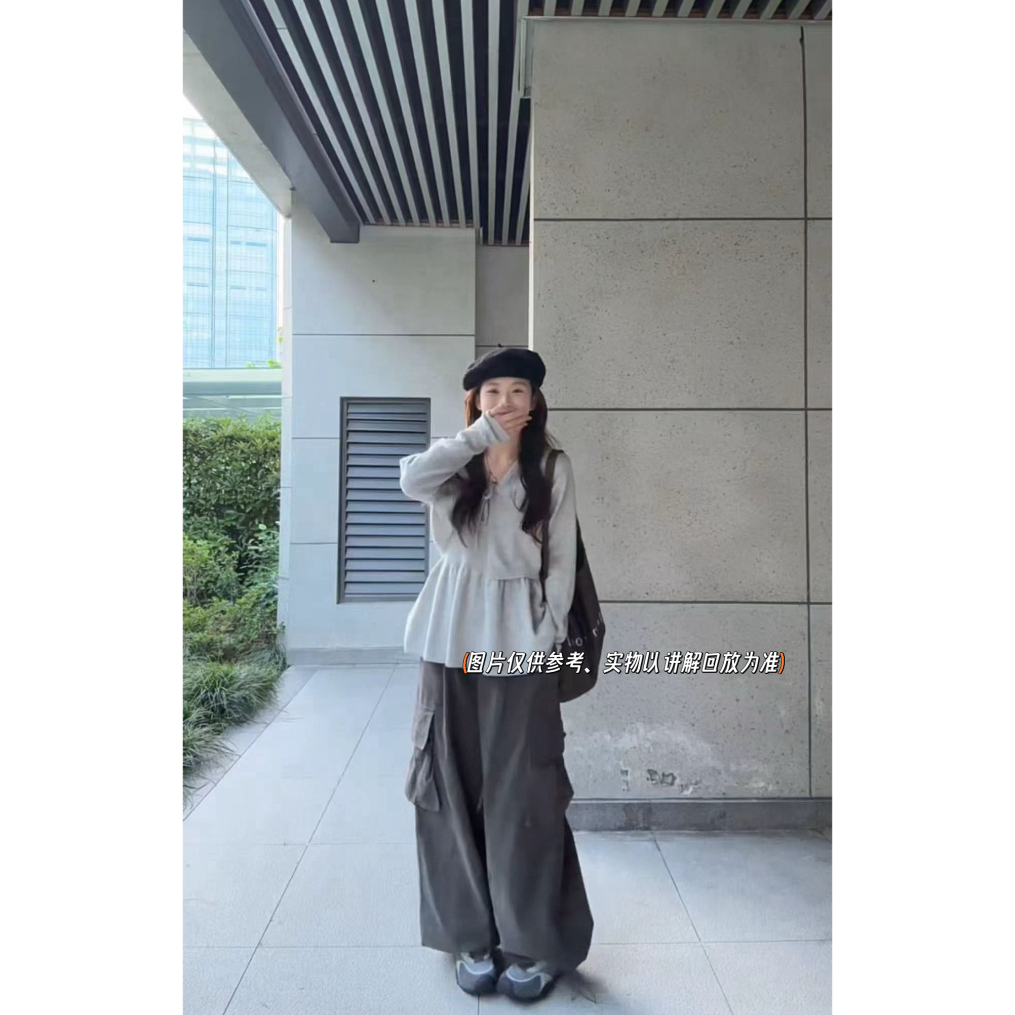 大码韩版甜美吊带背心长袖短款绑带开衫外套+高腰阔腿工装裤