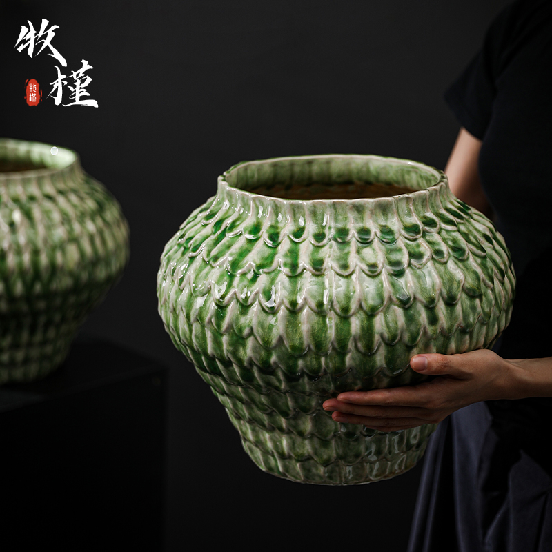 景德镇陶瓷花盆新中式家用客厅绿植专用大号口径手工陶罐绿色花器