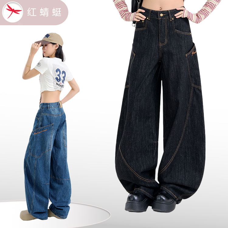 红蜻蜓秋季莱赛尔面料女士新款裤子字母刺绣拼接阔腿弯刀牛仔裤M