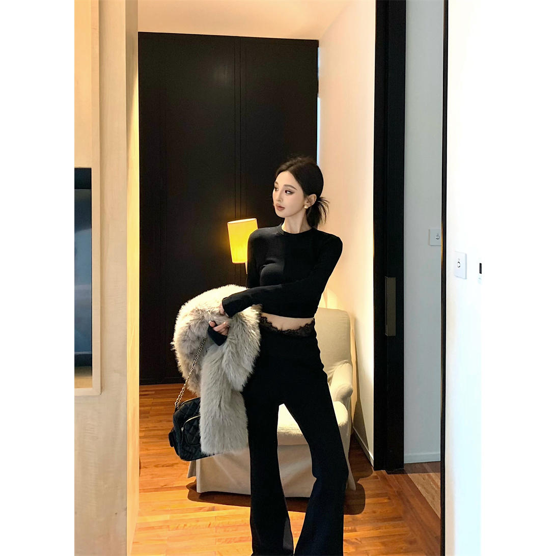 套装新款纯欲气质蕾丝拼接百搭裤子上衣两件套套装#8167