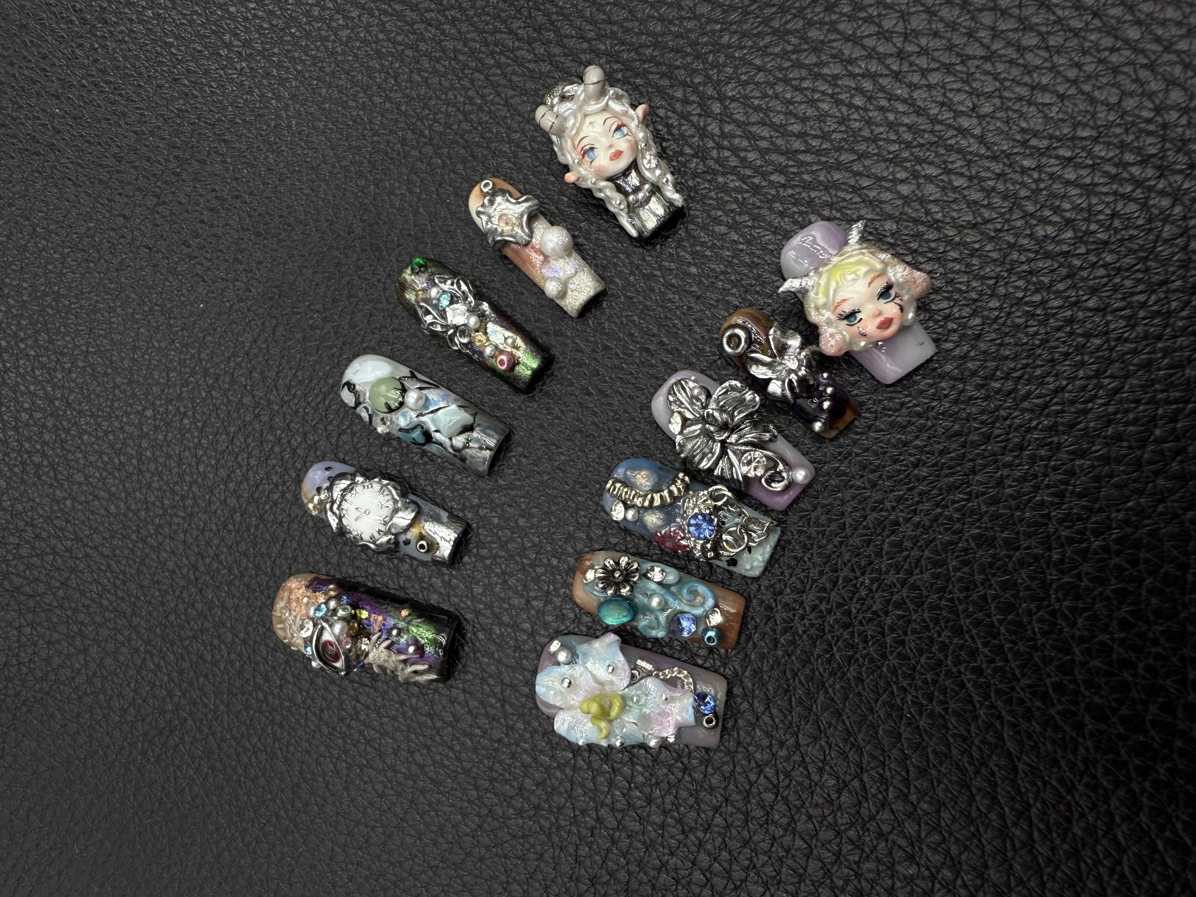 【Dandan出品】璨海生花12片 纯手工穿戴甲贴片 重工设计私定娃娃款