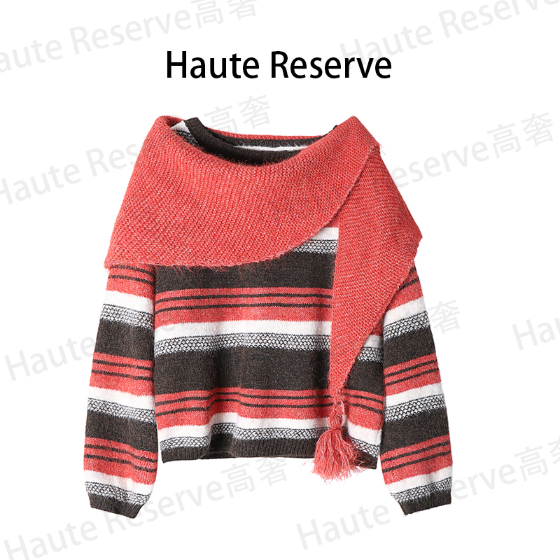 【巴黎时装款】撞色披肩流苏·双调织纹慵懒针织毛衣