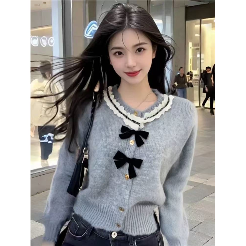 法式小香风蝴蝶结软糯开衫毛衣外套女春秋圆领花边设计感针织上衣