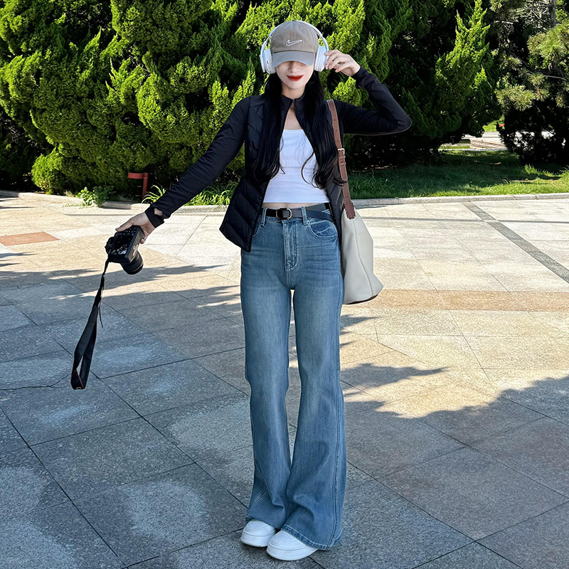 女士高腰新款浅蓝色窄版直筒牛仔裤女垂感显高显瘦加长拖地长裤子