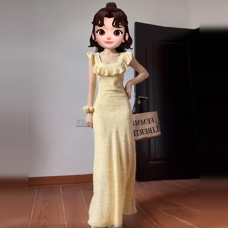 【下午茶】黄色方领碎花连衣裙子女装夏季梨形身材气质长裙