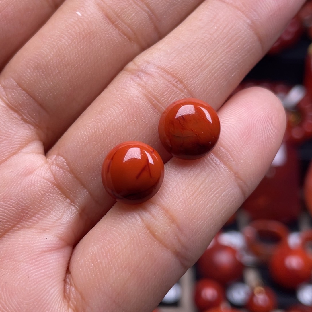 南红玛瑙珠宝奇石18K金镶嵌囍*耳钉