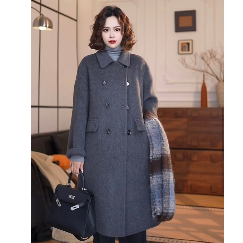 【25-3】牦牛绒双面手缝中长款大衣女宽松慵懒风显瘦优雅斗篷厚外套