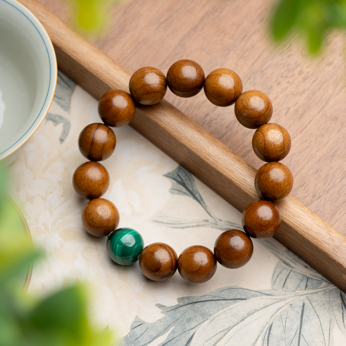金丝楠木15mm孔雀石圆珠单圈手串简约小众木质文玩