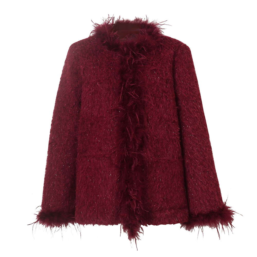 AVLINVA【瑞锦红裳】国风新中式冬驼鸟毛亮丝呢外套女