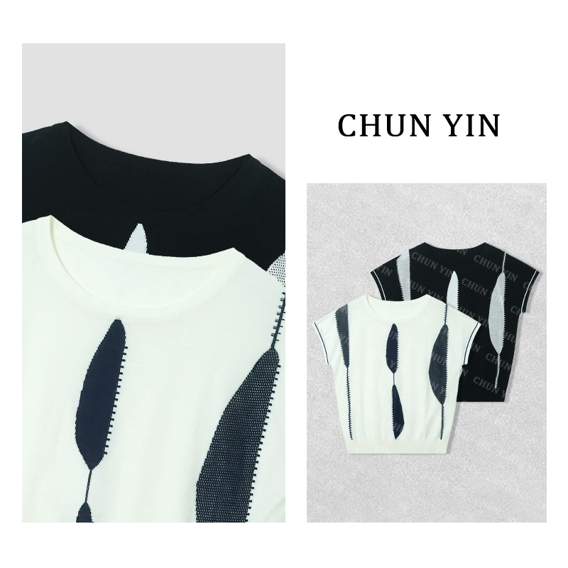 大雨【撞色几何】韩版时尚百搭圆领镂空撞色显瘦上衣34024