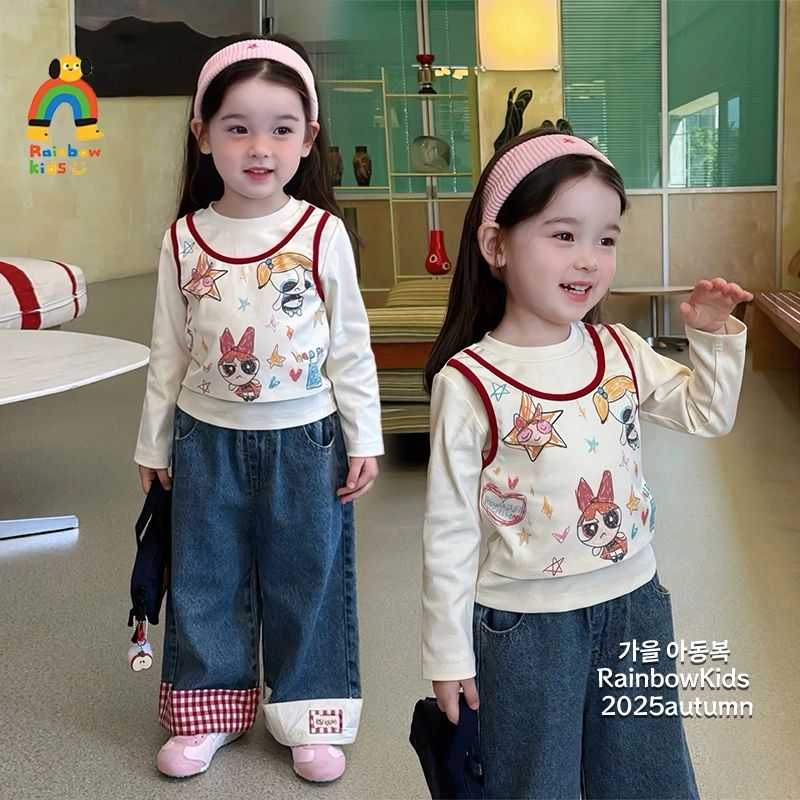 25秋女童飞天小女警假两件上衣长袖T恤卡通印花可爱休闲打底衫