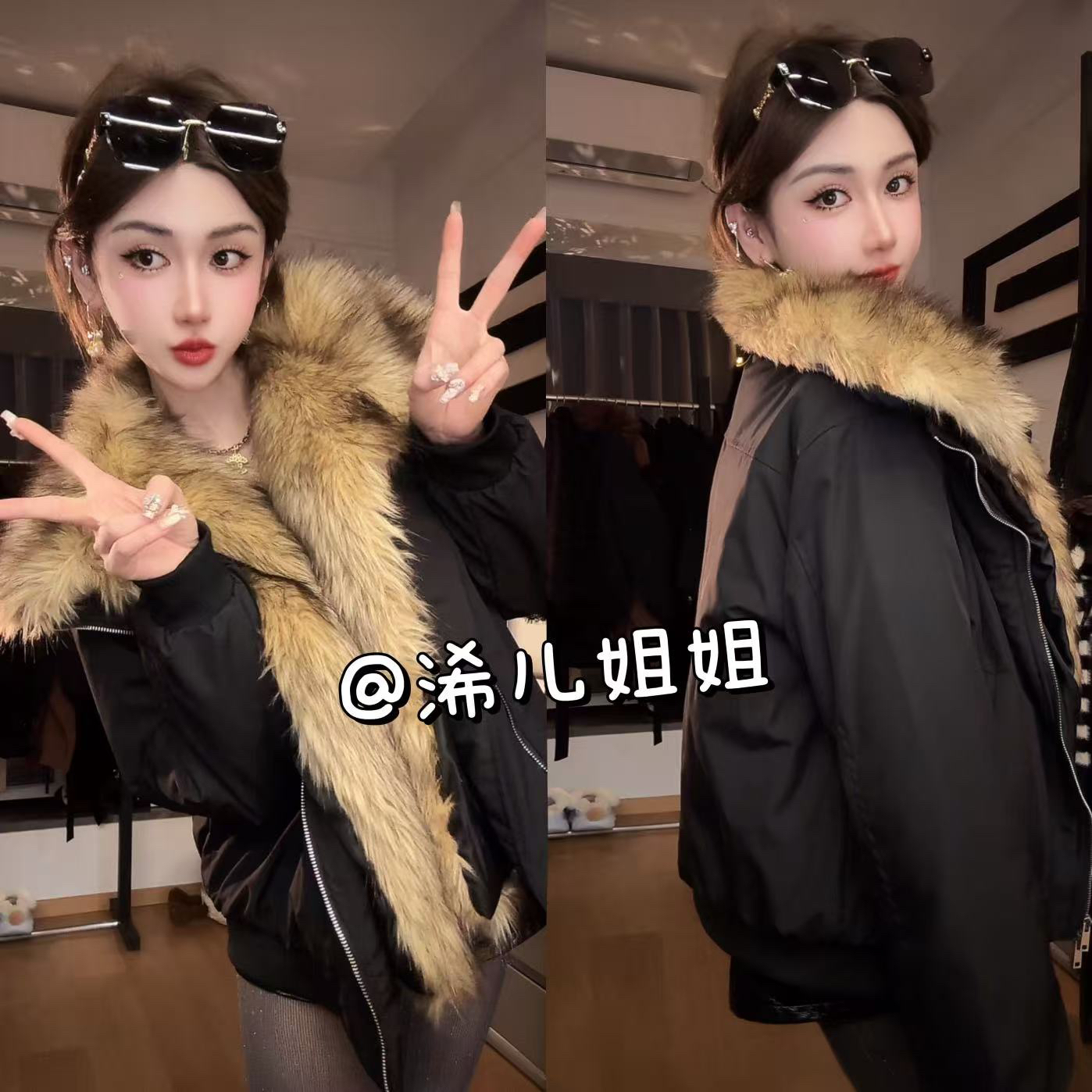 （浠儿家）美式复古机车风加厚翻领毛皮草棉服外套重工保暖外套