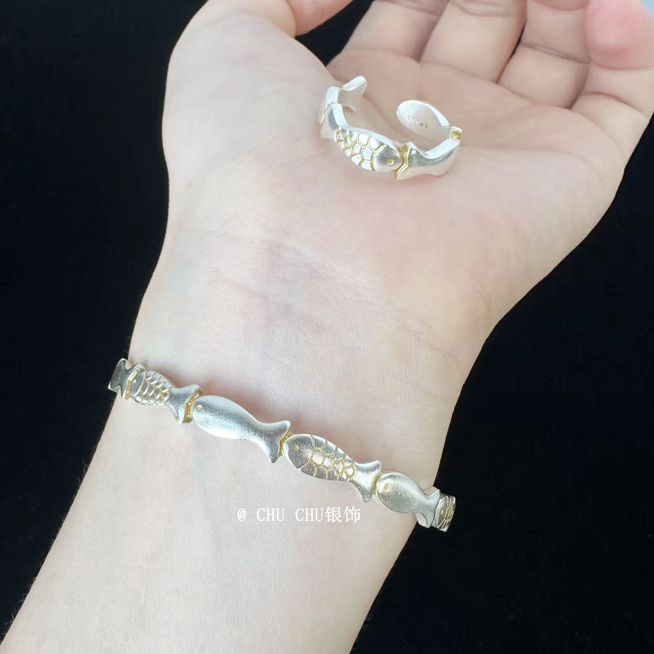 足银手镯 足银999.9小鱼手镯女实心开口古法戒指送女友闺蜜礼物