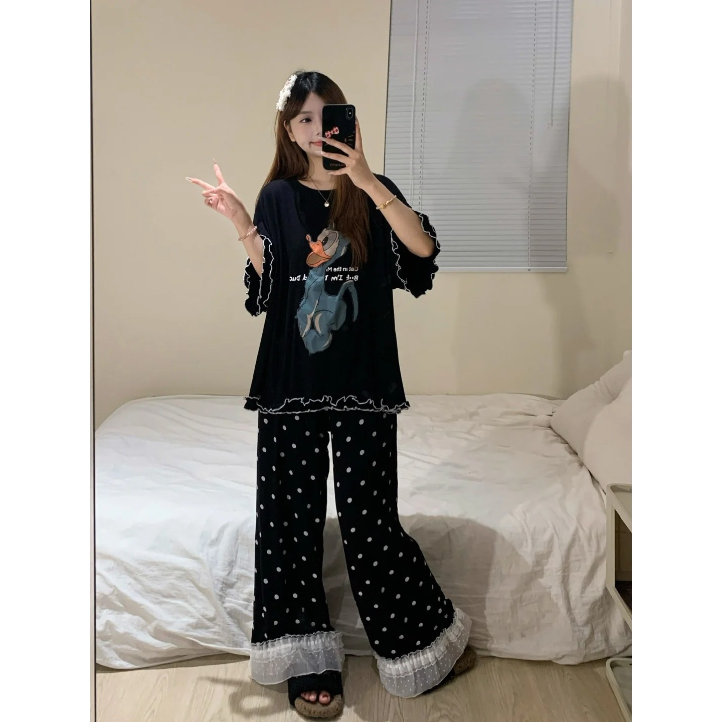 韩系复古风搞怪唐老鸭短袖睡衣女夏季新款大码长裤套装遛弯家居服