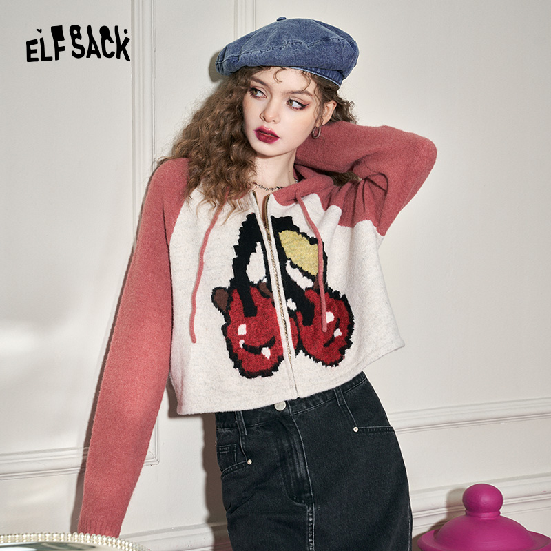 妖精的口袋樱桃插肩短款针织开衫2025秋小个子连帽外套潮25406064