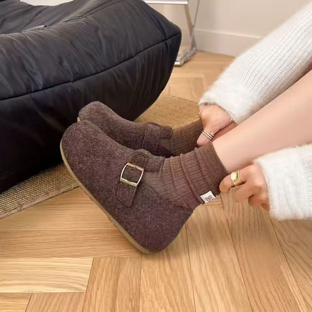 内增高毛呢勃肯鞋女2025冬季复古加绒保暖博肯鞋厚底毛毛棉鞋7101