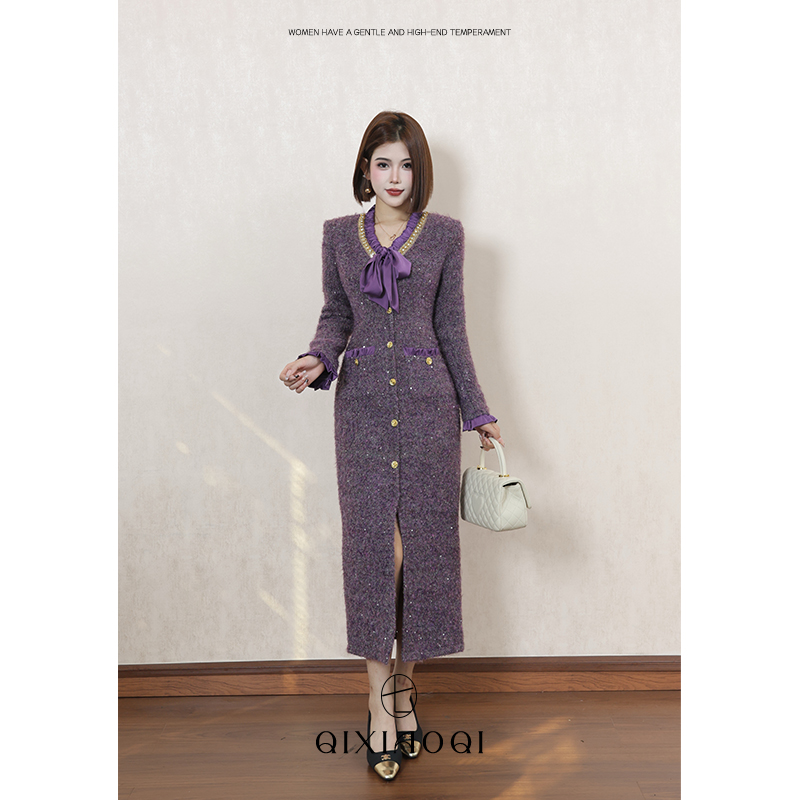 七小七Sicily【紫调小香】法式高级名媛连衣裙女时尚小香风气质长裙