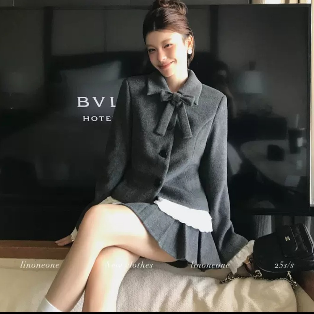 复古学院风灰色毛呢连衣裙子女秋冬收腰气质套装