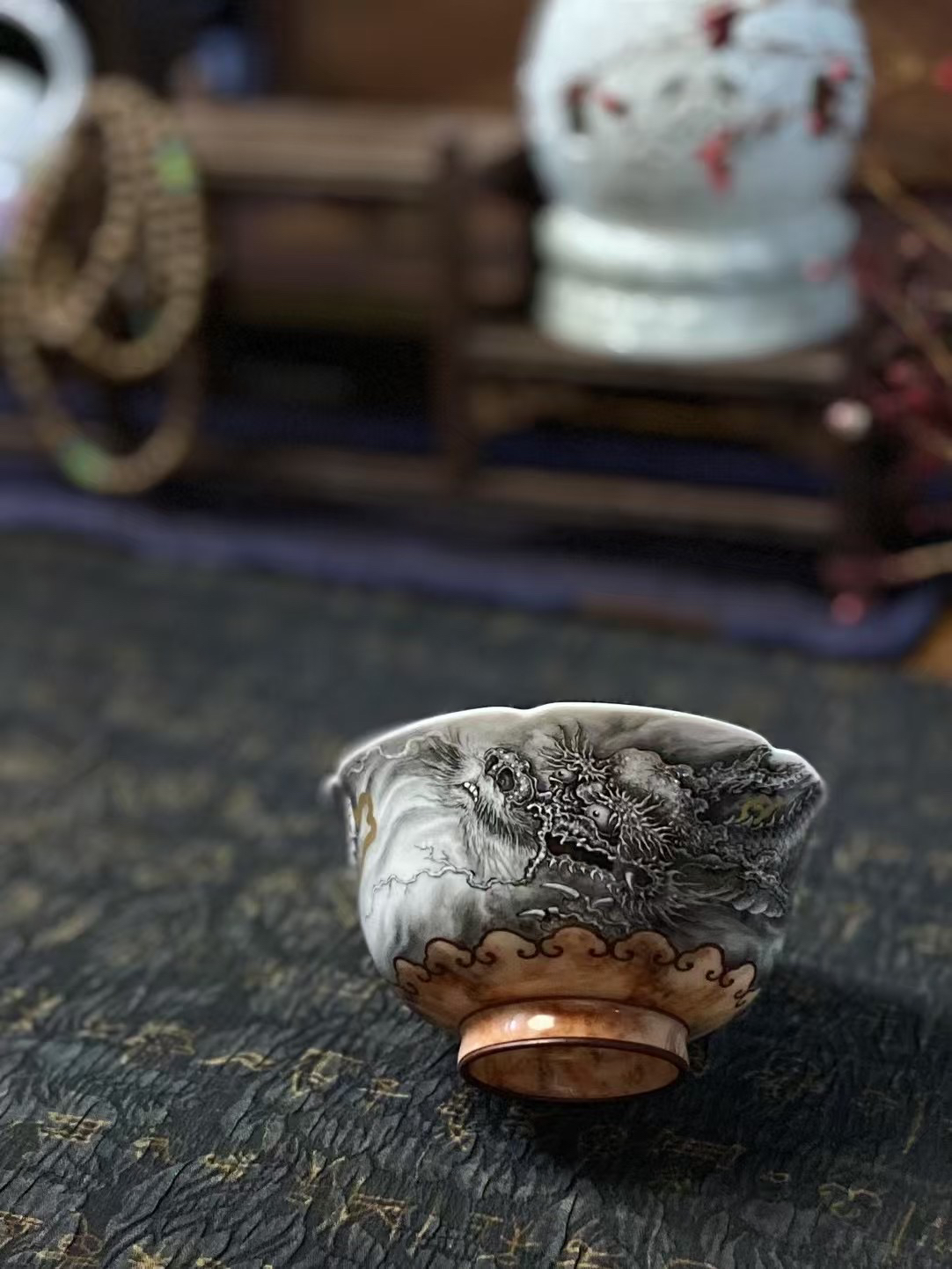 浮生闲墨彩描金龙主人杯130cc景德镇全手工老虎陶瓷茶杯手绘花纹