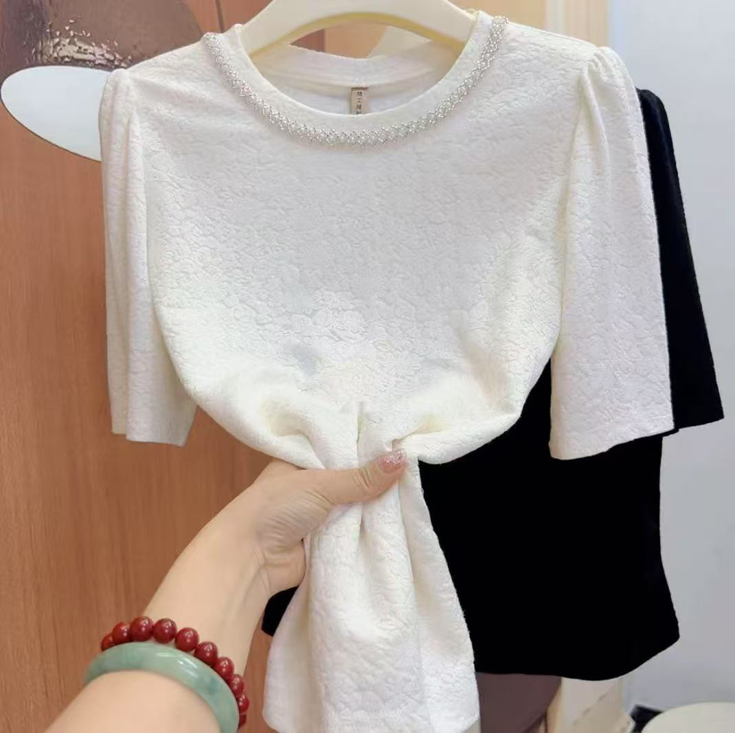 2025年夏季新款T恤衫钉珠风提花精致立体衫