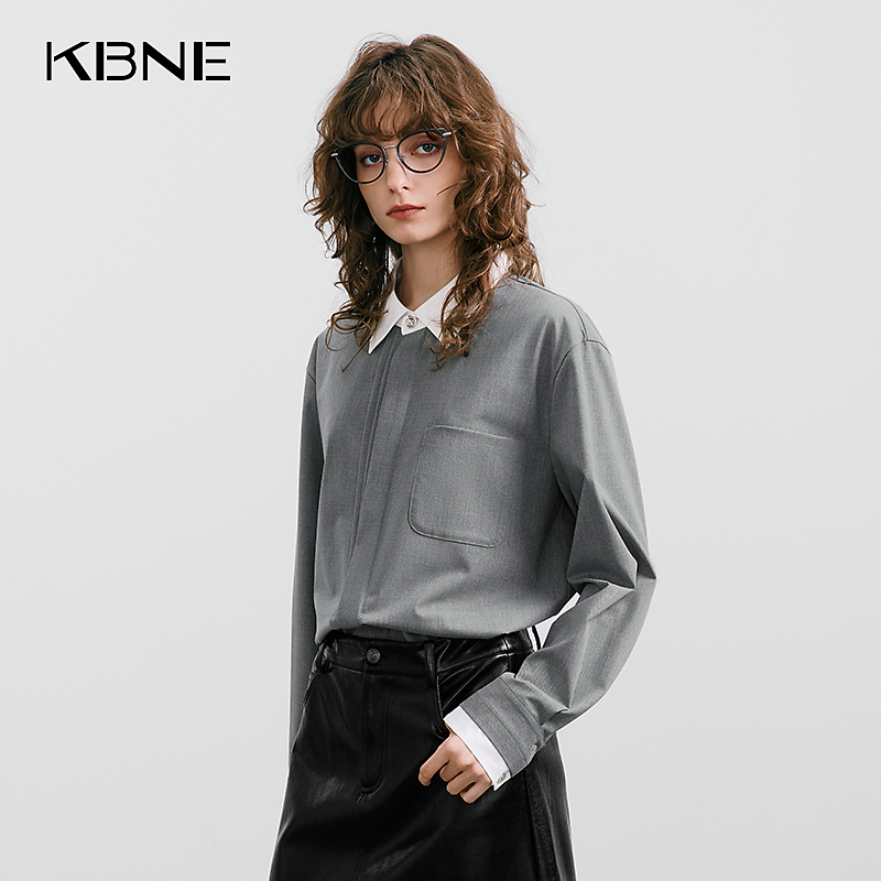 KBNE衬衫女2025新款爆款洋气秋季撞色羊毛混纺衬衣复古老钱风上衣