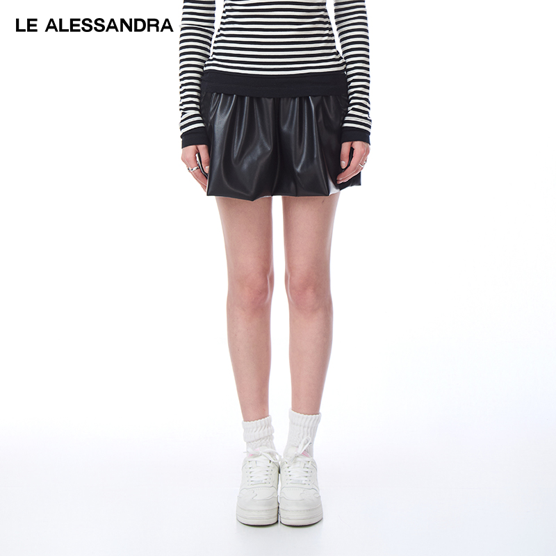品牌直营 LE ALESSANDRA 花苞皮裙松紧腰织带打底半身裙裤