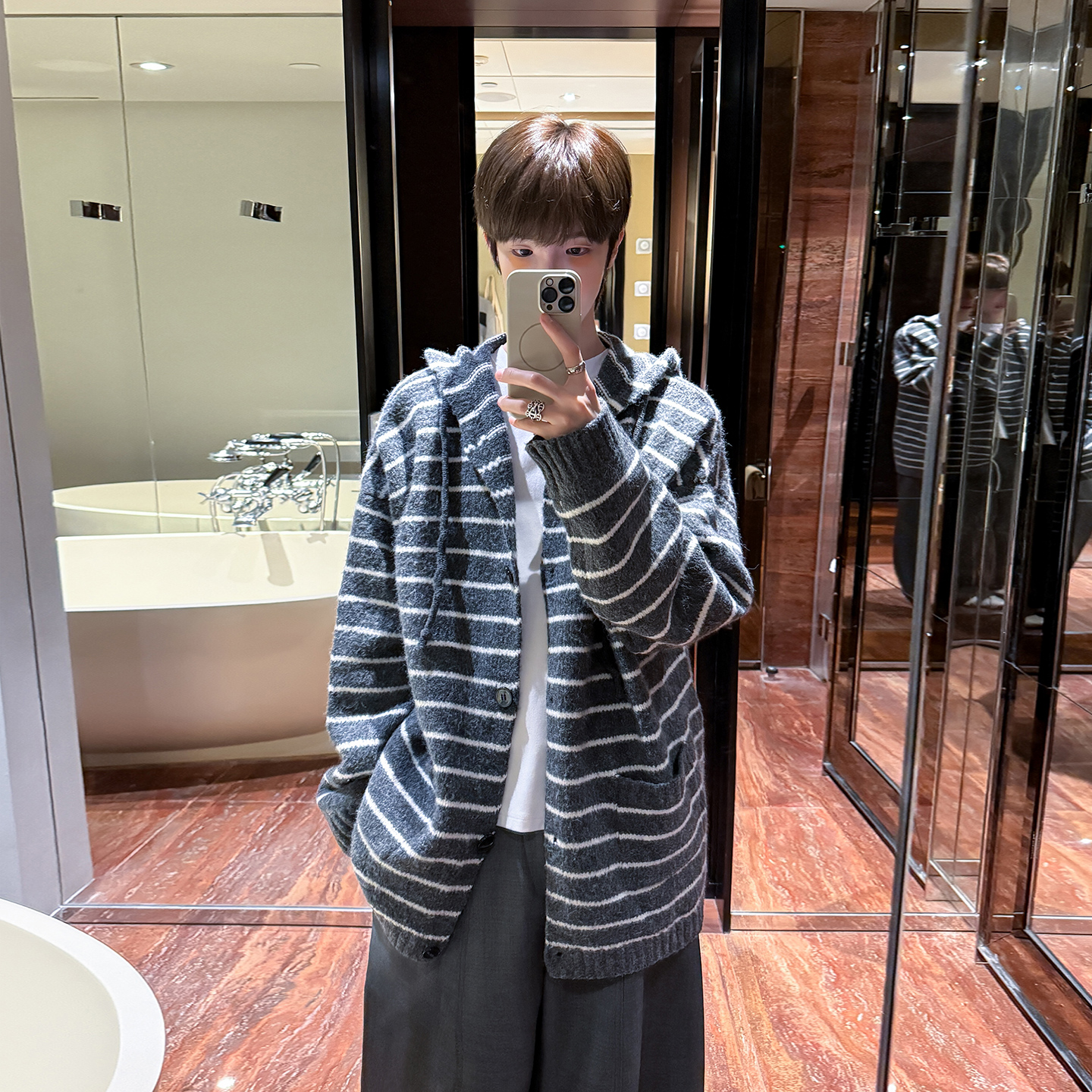 高林凡 羊毛条纹连帽针织开衫毛衣慵懒宽松韩版休闲外套男女