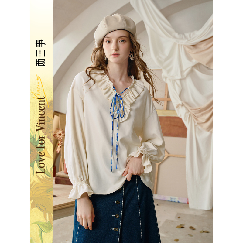 【芋总专属】两三事梵高文艺臆想画室荷叶边v领绑带长袖衬衫