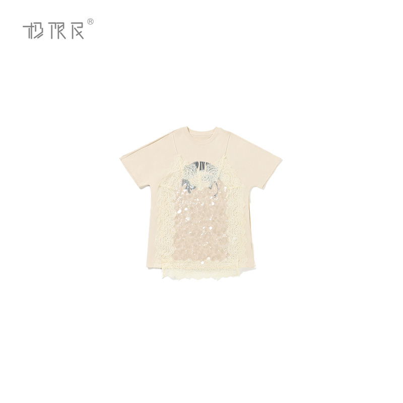极限民《逢朵》夏季欧若风时尚透气亮片蕾丝大版T恤W4202M0706