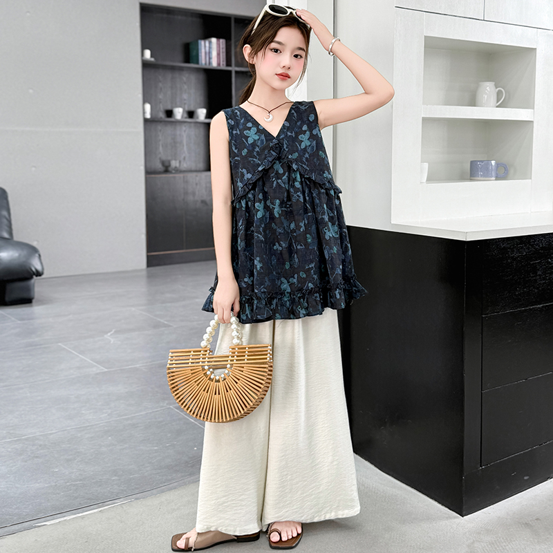 2025夏季新款女童中大童无袖碎花上衣阔腿裤套装女大童休闲套装潮