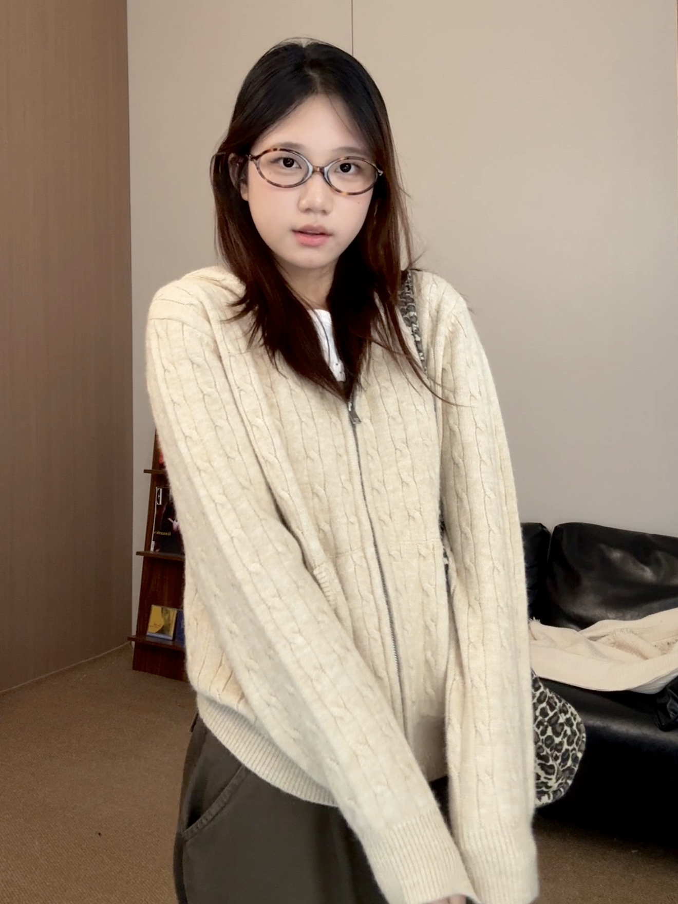 【麻花开衫】虎皮卷秋冬新款慵懒风麻花拉链连帽针织开衫毛衣外套女