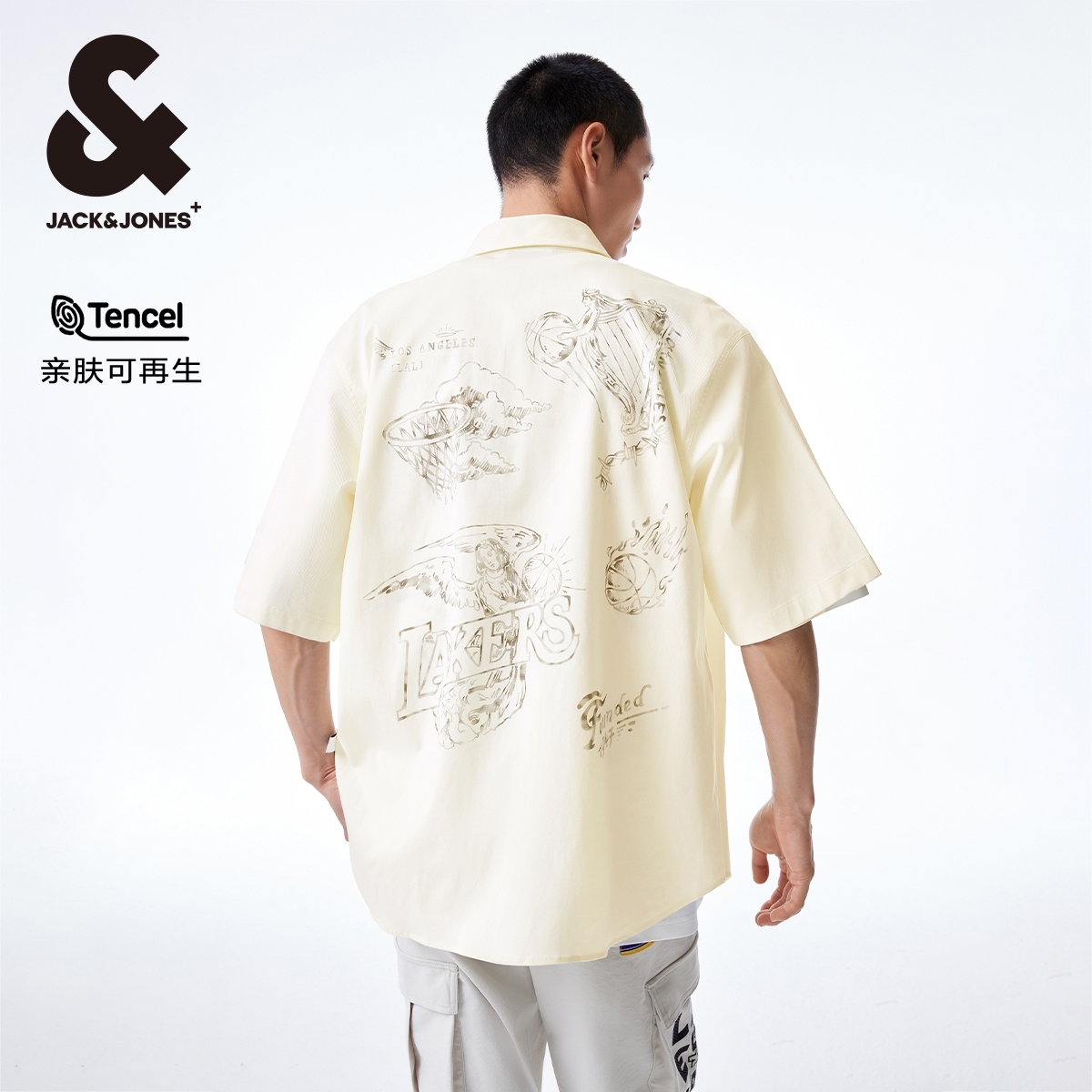 杰克琼斯夏季新款NBA联名洛杉矶湖人队男士短袖衬衫满印衬衣男装