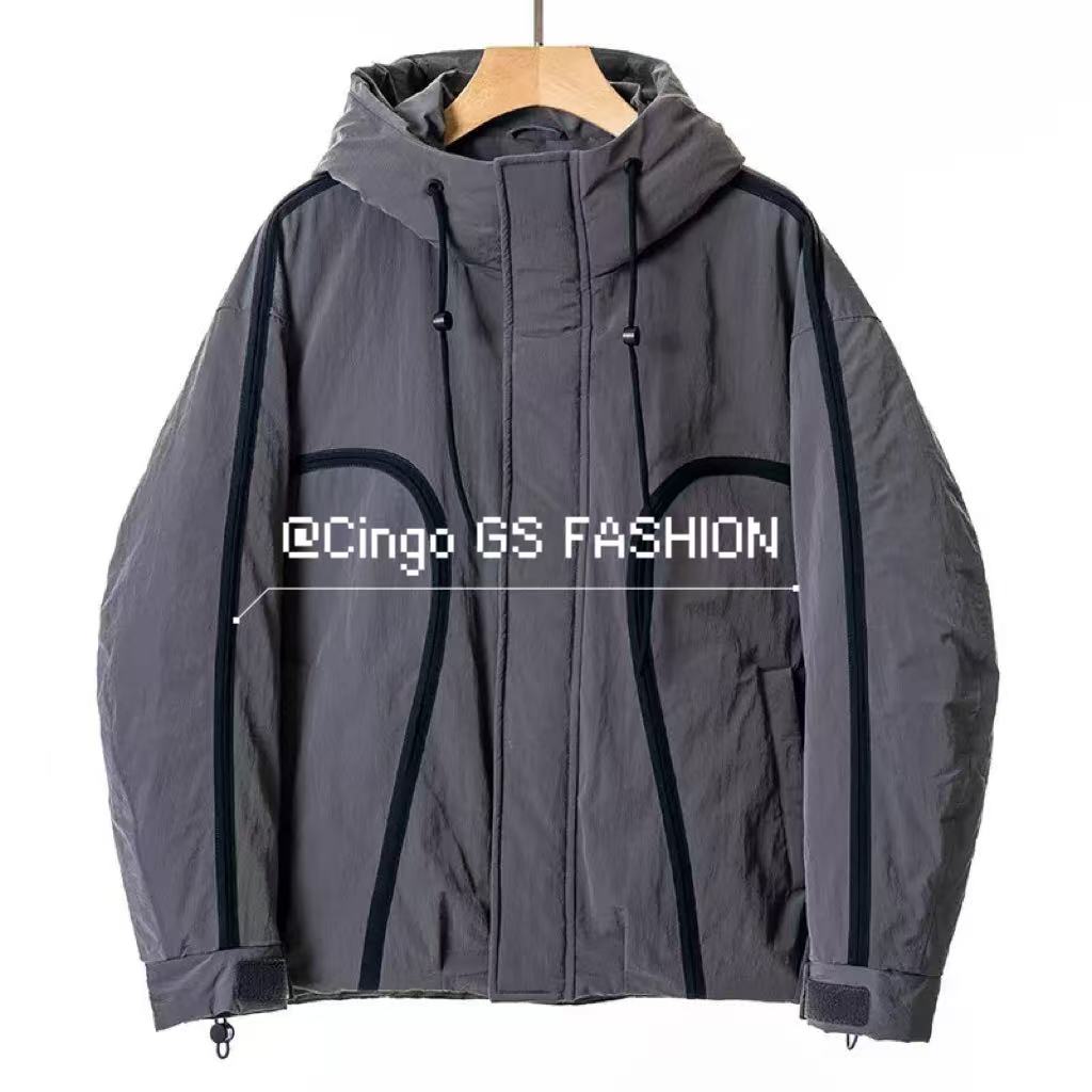 冬季美式休闲解构撞色连帽羽绒服男宽松加厚白鸭绒工装外套潮