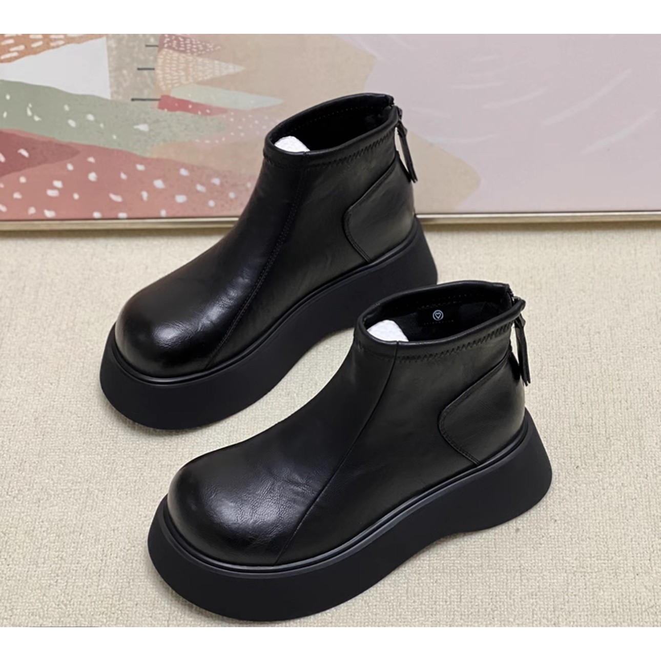 【现货+运费险】G秋冬加绒加厚增高圆头皮面勃肯鞋厚底低帮棉鞋